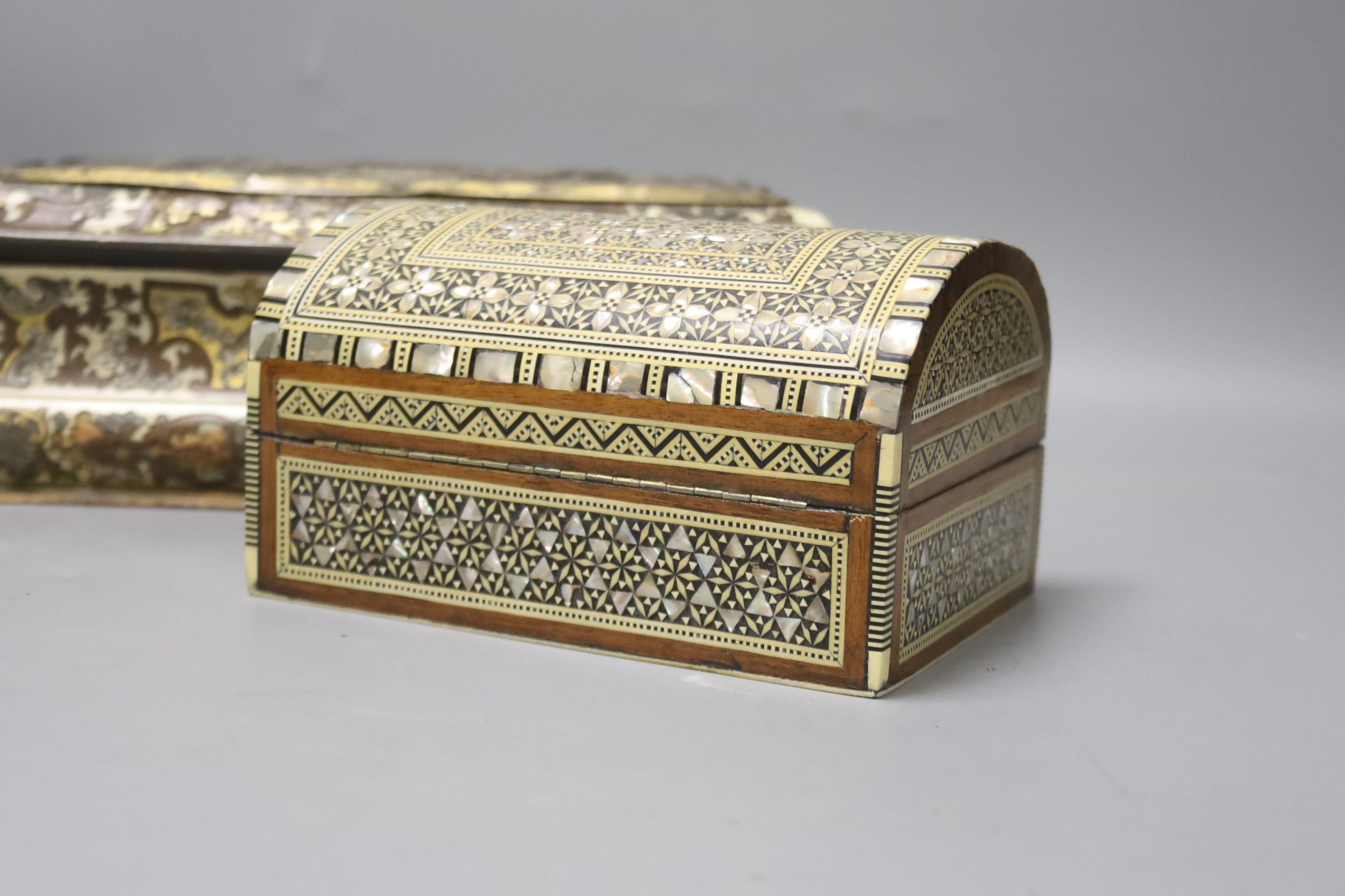 A 19th century French cut brass pewter and ivory inlaid jewellery box, h 10cm, 27 x 19cm, together with a parquetry box (2)